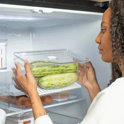 Ou Clear Stackable Fridge Organizer Bin With Removable Drain Tray And Vented Lid, 2 Pack (2.9 Quart