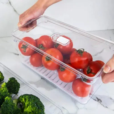 Ou Clear Stackable Fridge Organizer Bin With Removable Drain Tray And Vented Lid, 2 Pack (2.9 Quart