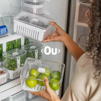 Ou Clear Stackable Fridge Organizer Bin With Removable Drain Tray And Vented Lid, 2 Pack (2.9 Quart