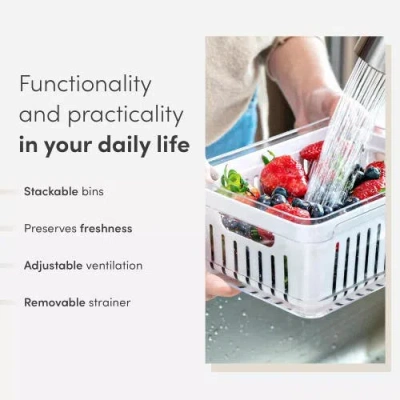 Ou Clear Stackable Fridge Organizer Bin With Removable Drain Tray And Vented Lid, 2 Pack (2.9 Quart
