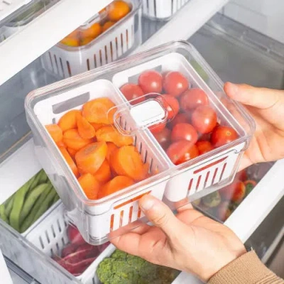 Ou Clear Stackable Fridge Organizer Bins With Drain Baskets And Vented Lids, 2 Pack