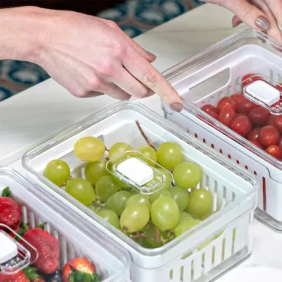Ou Clear Stackable Fridge Organizer Bins With Drain Baskets And Vented Lids, 2 Pack