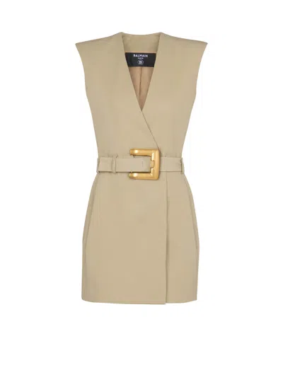 Balmain Wrap Cotton Gabardine Dress Belt Detail In Neutral