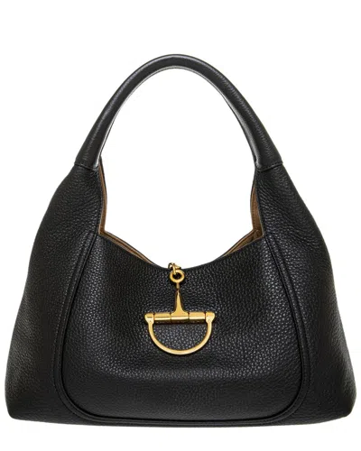 Gucci Women Black Shoulder Bag With Horsebit Closure In Grained Leather Woman In White