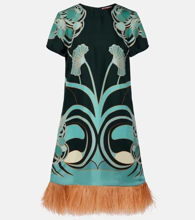 La Doublej Swing Printed Feather-trimmed Silk-twill Mini Dress In Multi