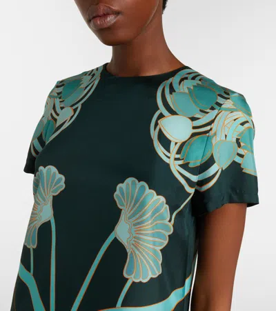 La Doublej Swing Printed Feather-trimmed Silk-twill Mini Dress In Multi