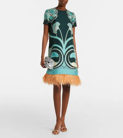 La Doublej Swing Printed Feather-trimmed Silk-twill Mini Dress In Multi
