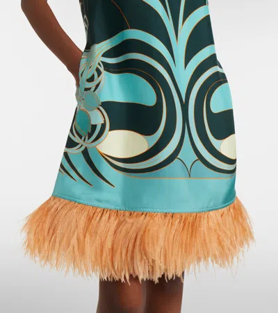 La Doublej Swing Printed Feather-trimmed Silk-twill Mini Dress In Multi