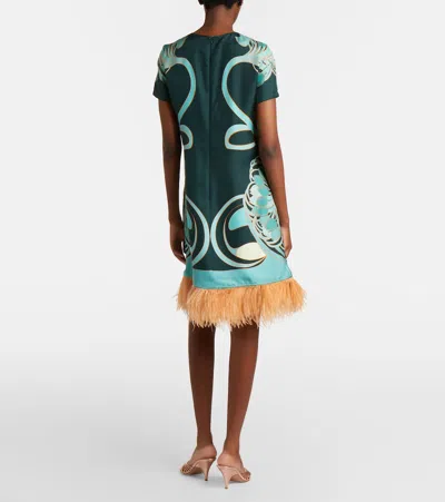 La Doublej Swing Printed Feather-trimmed Silk-twill Mini Dress In Multi