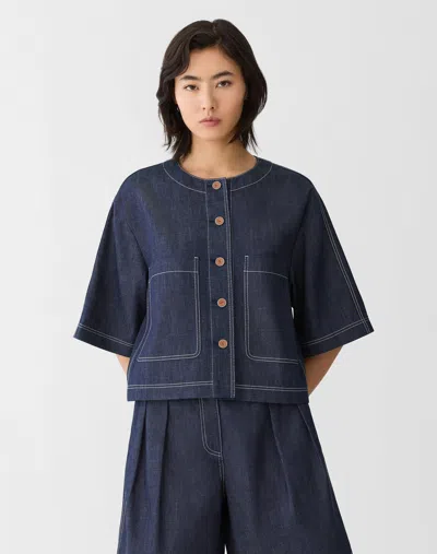Lafayette 148 Chambray Cotton Patch Pocket Cropped Jacket In Blue