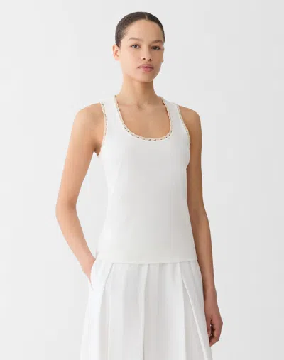 Lafayette 148 New York Rib Crochet Trim Stretch Cotton Tank In White