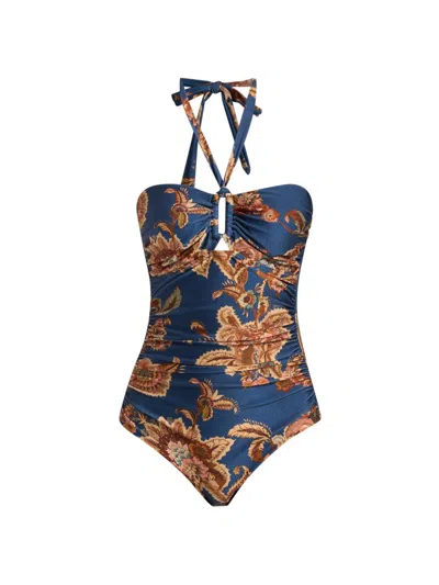Zimmermann Aster Printed Halterneck Stretch-polyamide Swimsuit In Brown