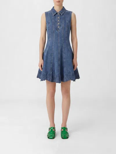 Self-portrait Paneled Broderie Anglaise Denim Mini Dress In Blue