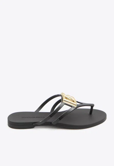 Dolce & Gabbana Women Black Thong Sandals With Logo Plaque On The Front In Rubber Woman
