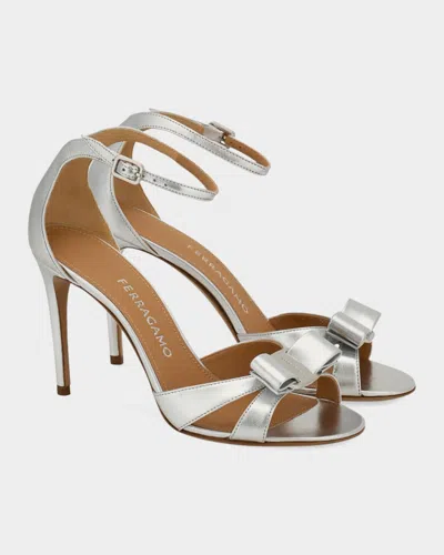Ferragamo 95mm Roxy Metallic Leather Bow Sandals In Silver