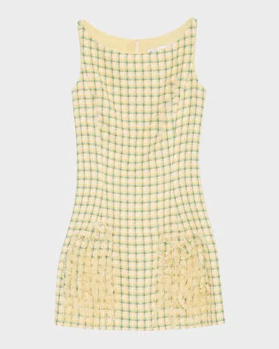 Oscar De La Renta Sequin-embellished Feather-trimmed Checked Cotton-blend Tweed Mini Dress In Yellow