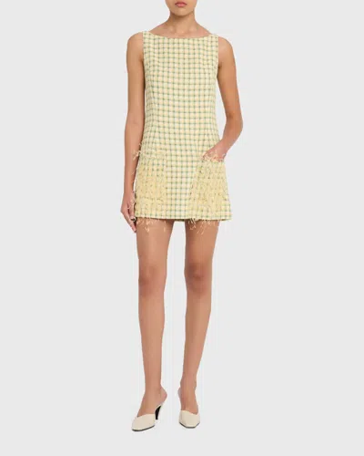 Oscar De La Renta Sequin-embellished Feather-trimmed Checked Cotton-blend Tweed Mini Dress In Yellow