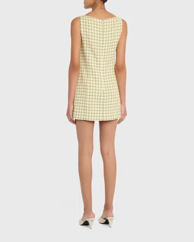 Oscar De La Renta Sequin-embellished Feather-trimmed Checked Cotton-blend Tweed Mini Dress In Yellow