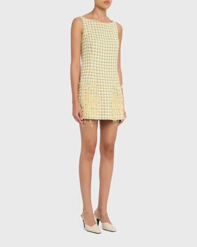 Oscar De La Renta Sequin-embellished Feather-trimmed Checked Cotton-blend Tweed Mini Dress In Yellow
