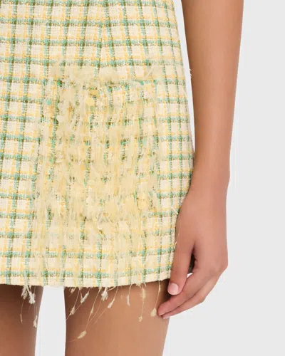 Oscar De La Renta Sequin-embellished Feather-trimmed Checked Cotton-blend Tweed Mini Dress In Yellow