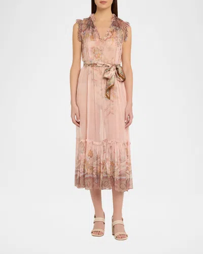 Zimmermann Alchemy Belted Paisley-print Chiffon Midi Dress In Pink