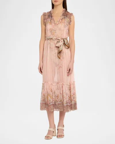 Zimmermann Alchemy Belted Paisley-print Chiffon Midi Dress In Pink
