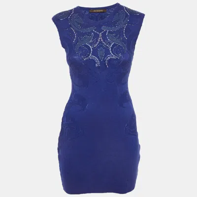 Pre-owned Roberto Cavalli Blue Embroidered Stretch Knit Mini Dress M