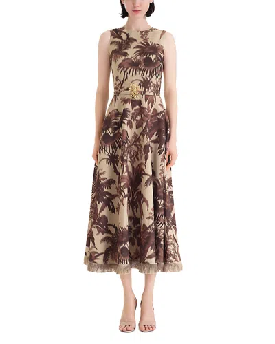 Oscar De La Renta Sleeveless Chine Palm-print Belted Midi Dress In Multi