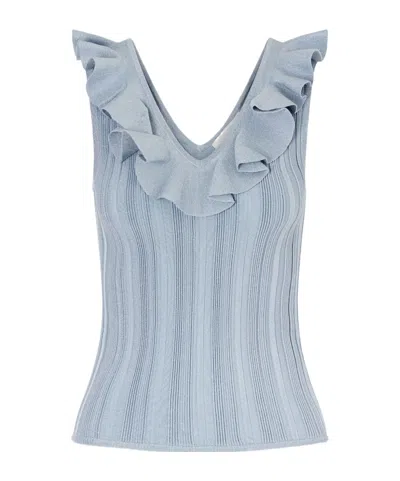 Zimmermann Womens Metallic Blue Aster Metallic Frilled Rib-knit Top In Gray