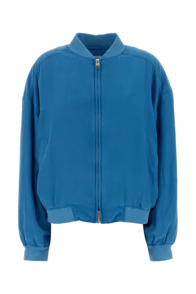 Versace Relaxed Fit Silk Jacket With Embroidered Logo And Zipper Closure In Blue