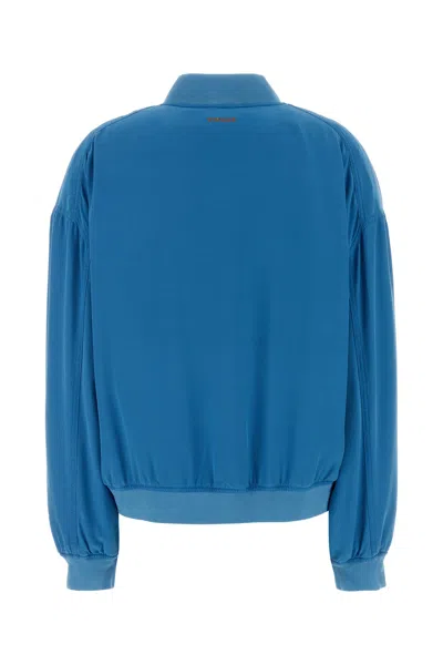 Versace Relaxed Fit Silk Jacket With Embroidered Logo And Zipper Closure In Blue