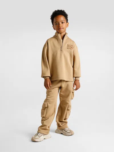 Dolce & Gabbana Dg Cotton Jersey Half-zip Sweatshirt In Nude