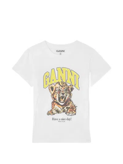 Ganni Organic Cotton T-shirt With Front Print In White