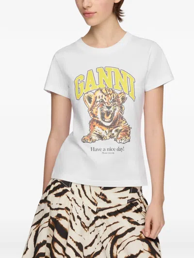 Ganni Organic Cotton T-shirt With Front Print In White