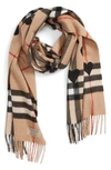 Burberry Heritage Giant Check Fringed Cashmere Muffler In Tan/ Black