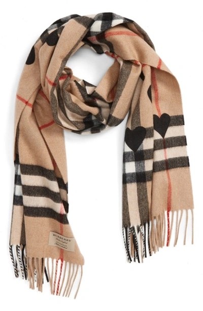 Shop Burberry Heart & Giant Check Fringed Cashmere Scarf In Tan/ Black