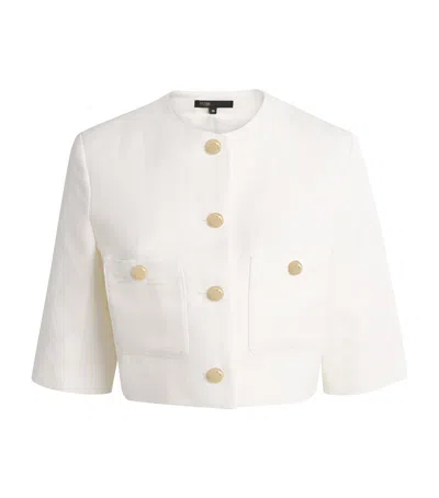 Maje Womens White Cropped Round-neck Linen-blend Jacket