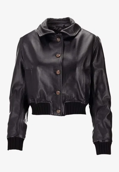 La Rose Leather Button-up Jacket In Black