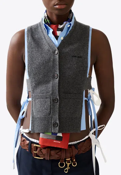 Miu Miu Knitwear Top Sleeveless Ribbed Hem Pockets In Gray