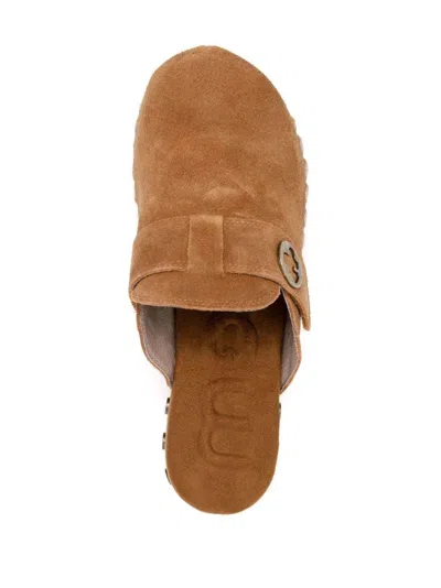 Mou Platform Mule Sandals Round Toe Studs Suede In Brown