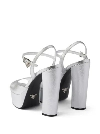 Prada Saffiano-leather Metallic Platform Sandals In Silver