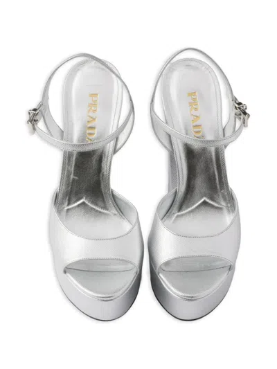 Prada Saffiano-leather Metallic Platform Sandals In Silver