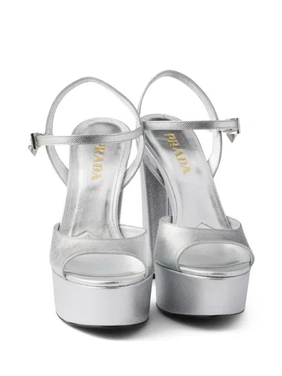 Prada Saffiano-leather Metallic Platform Sandals In Silver