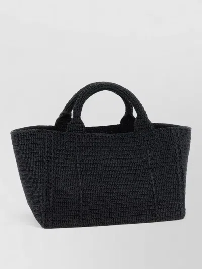 Prada Crochet Raffia Effect Rectangular Shopping Bag In Black