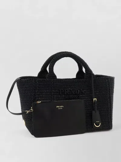 Prada Crochet Raffia Effect Rectangular Shopping Bag In Black