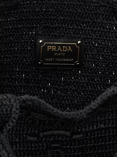 Prada Crochet Raffia Effect Rectangular Shopping Bag In Black