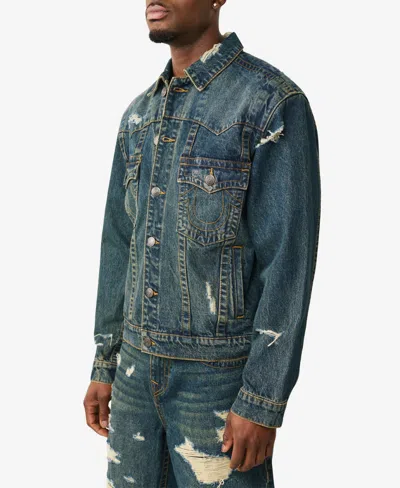 True Religion Men's Collared Destroyed Oversized Jacket In Blue