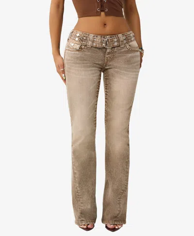 True Religion Joey Stud Belt Low Rise Flare Leg Jeans In Brown