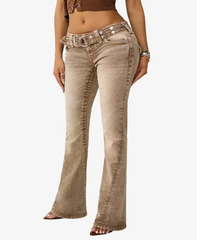 True Religion Joey Stud Belt Low Rise Flare Leg Jeans In Brown
