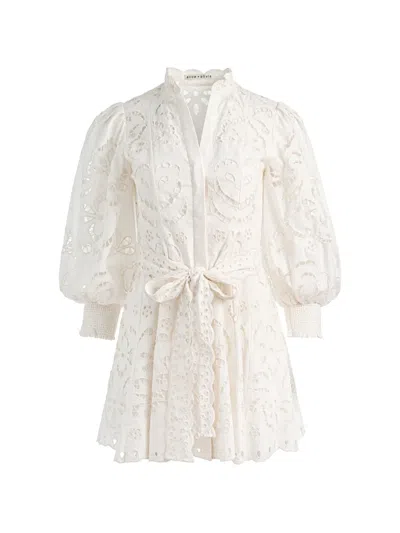 Alice And Olivia Lucy Embroidered Longsleeve Mini Shirt Dress With Tie Belt In White